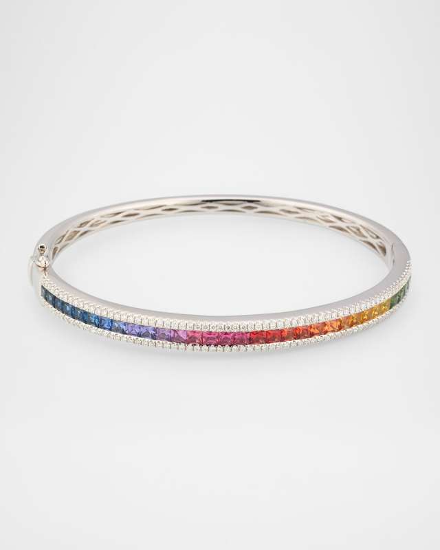 18K White Gold Golden Rainbow Sapphire and Diamond Bangle Bracelet